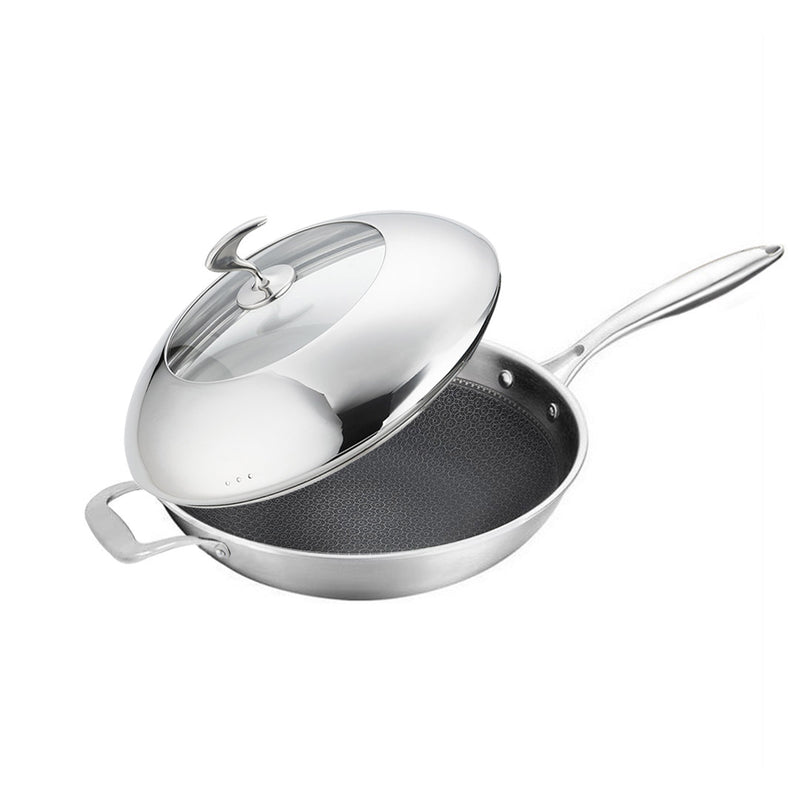 2X 18/10 Stainless Steel Fry Pan 32cm Frying Pan Top Grade Non Stick Interior Skillet with Helper Handle and Lid