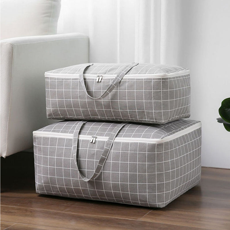 2X Grey Plaid Large Storage Luggage Bag Double Zipper Foldable Travel Organiser Essentials
