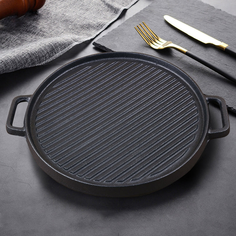 2X 30cm Round Cast Iron Ribbed BBQ Pan Skillet Steak Sizzle Platter with Handle