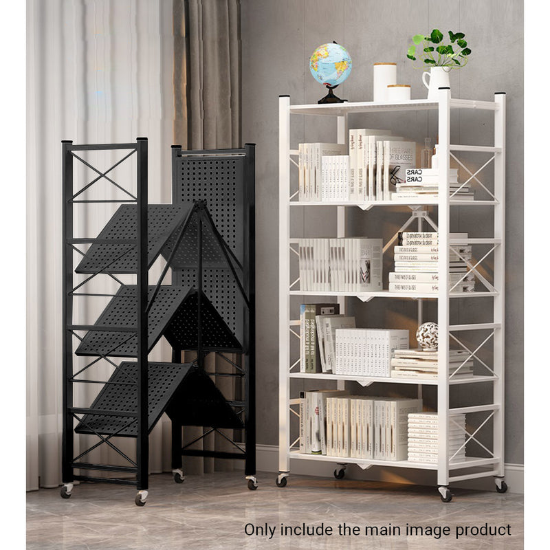 4 Tier Steel Black Foldable Display Stand Multi-Functional Shelves Portable Storage Organizer with Wheels