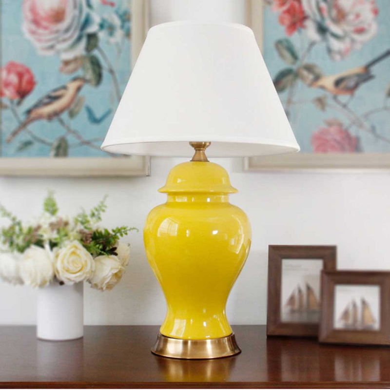 Oval Ceramic Table Lamp with Gold Metal Base Desk Lamp Yellow