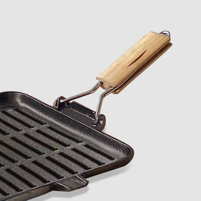 2X 24cm Ribbed Cast Iron Square Steak Frying Grill Skillet Pan with Folding Wooden Handle