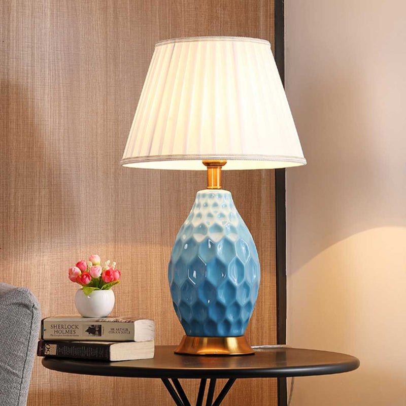 2X Textured Ceramic Oval Table Lamp with Gold Metal Base Blue