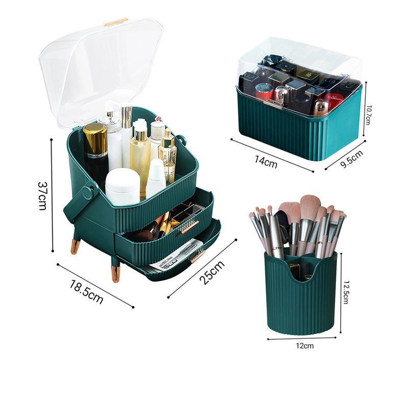 Green Cosmetic Jewelry Storage Organiser Set Makeup Brush Lipstick Skincare Holder Jewelry Storage Box with Handle