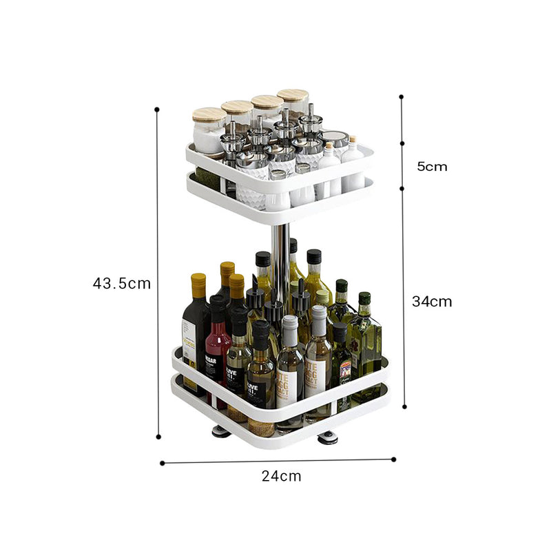 2 Tier Steel White Square Rotating Multi-Function Kitchen Portable Storage Spice Seasoning Kitchen Countertop Organiser Shelf