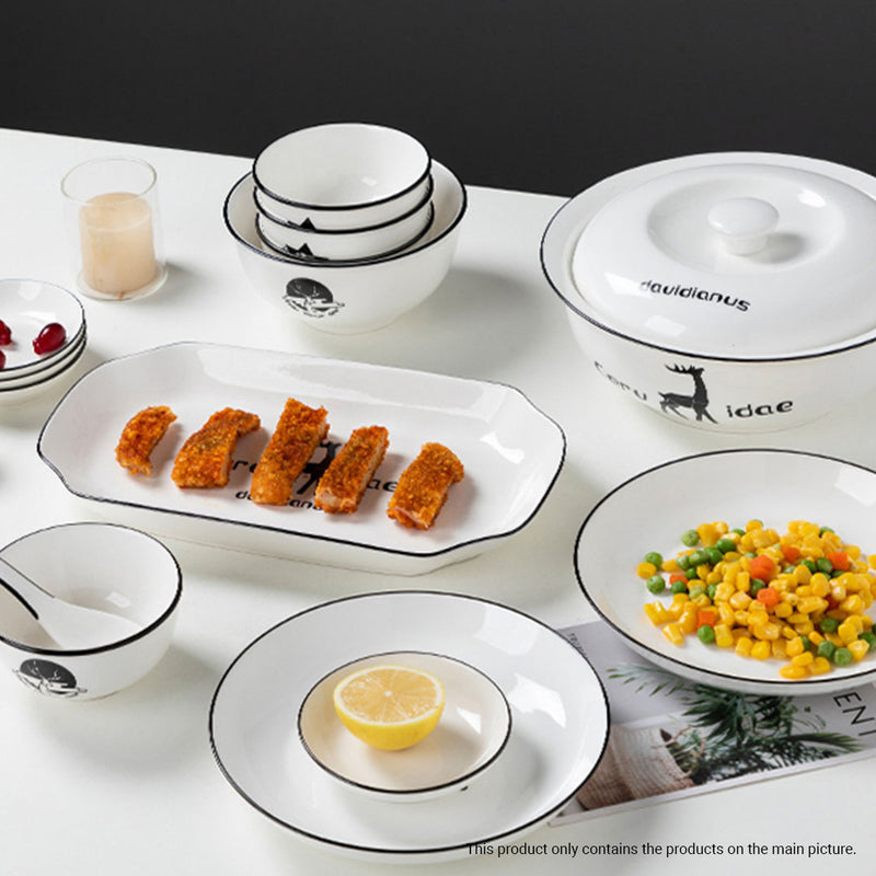 White Antler Printed Ceramic Dinnerware Set Crockery Soup Bowl Plate Server Kitchen Home Decor Set of 34