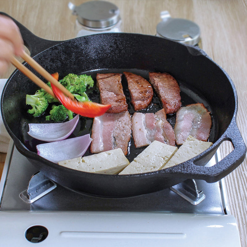 2X 30cm Round Cast Iron Frying Pan Skillet Steak Sizzle Platter with Helper Handle