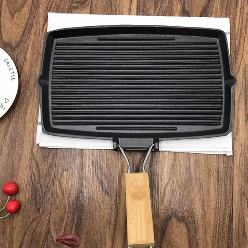 2X 20.5cm Rectangular Cast Iron Griddle Grill Frying Pan with Folding Wooden Handle