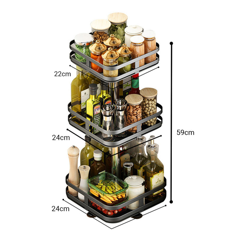 3 Tier Steel Black Square Rotating Multi-Function Kitchen Portable Storage Spice Seasoning Kitchen Countertop Organiser Shelf