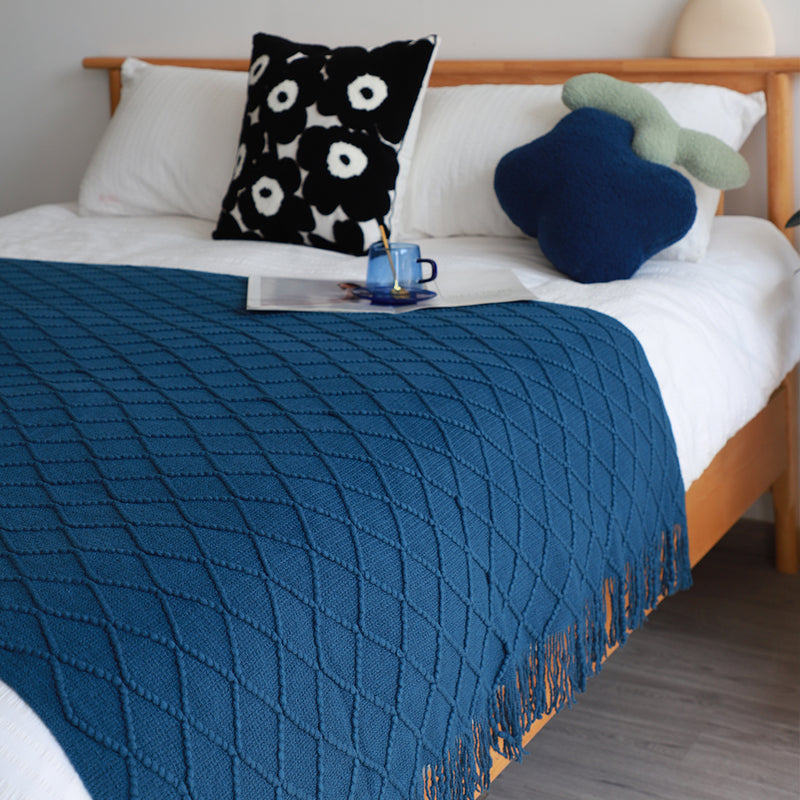 Royal Blue Diamond Pattern Knitted Throw Blanket Warm Cozy Woven Cover Couch Bed Sofa Home Decor with Tassels
