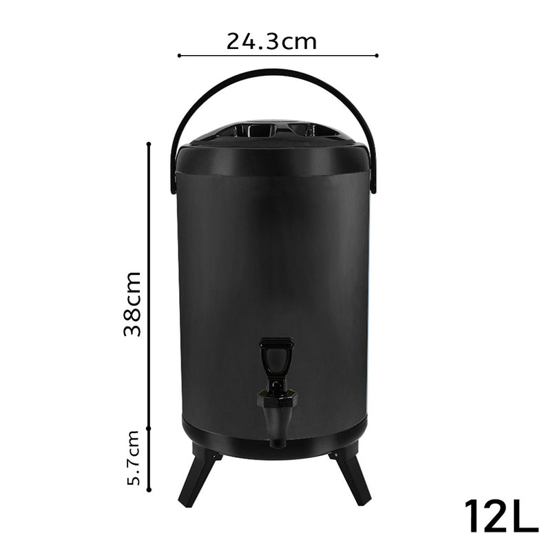 12L Stainless Steel Insulated Milk Tea Barrel Hot and Cold Beverage Dispenser Container with Faucet Black