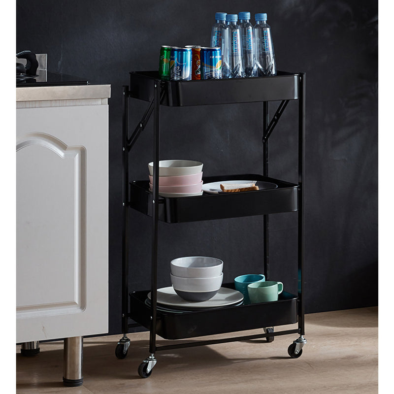 3 Tier Steel Black Foldable Kitchen Cart Multi-Functional Shelves Portable Storage Organizer with Wheels