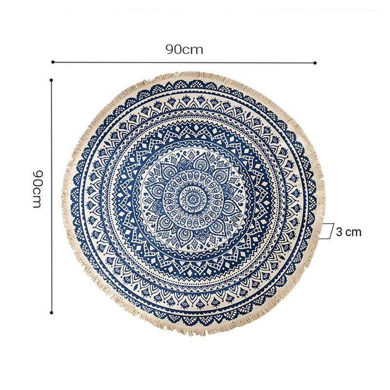 Dark Blue Carpet Soft Linen Bohemian Non-Slip Floor Retro Minimalist Round Rug Home Decor with Tassels