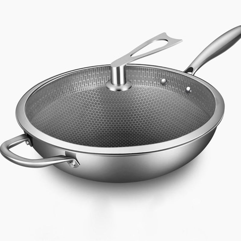 34cm Stainless Steel Tri-Ply Frying Cooking Fry Pan Textured Non Stick Skillet with Glass Lid and Helper Handle