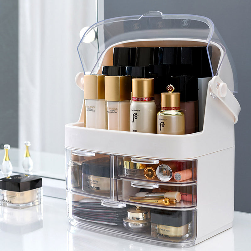 3 Tier White Countertop Makeup Cosmetic Storage Organiser Skincare Holder Jewelry Storage Box with Handle