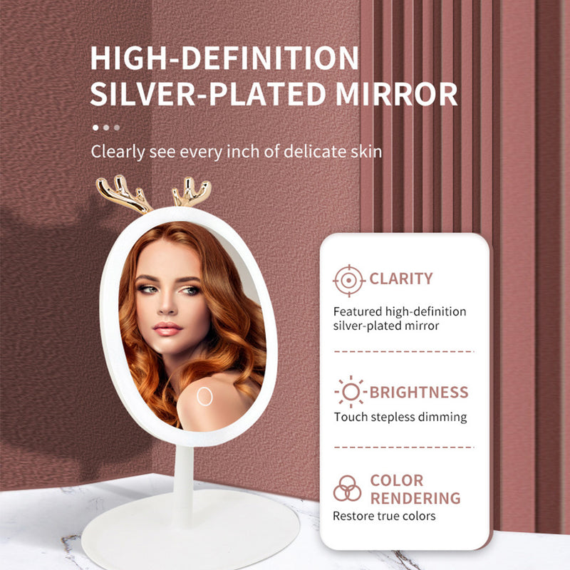 White Cosmetic Jewelry Storage Organiser with Antler LED Light Mirror Tabletop Vanity Set