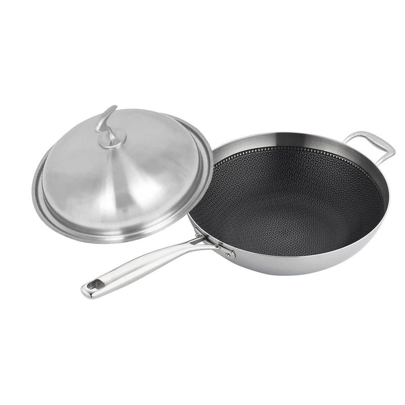 2X 18/10 Stainless Steel Fry Pan 34cm Frying Pan Top Grade Textured Non Stick Interior Skillet with Helper Handle and Lid