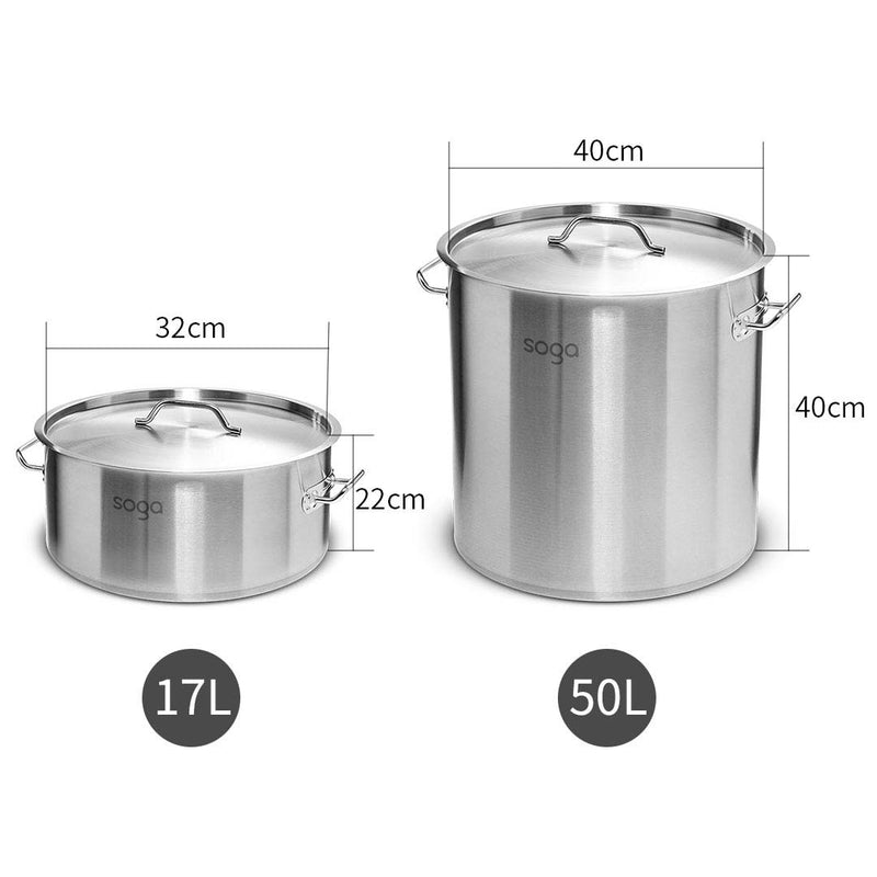 17L Wide Stock Pot  and 50L Tall Top Grade Thick Stainless Steel Stockpot 18/10