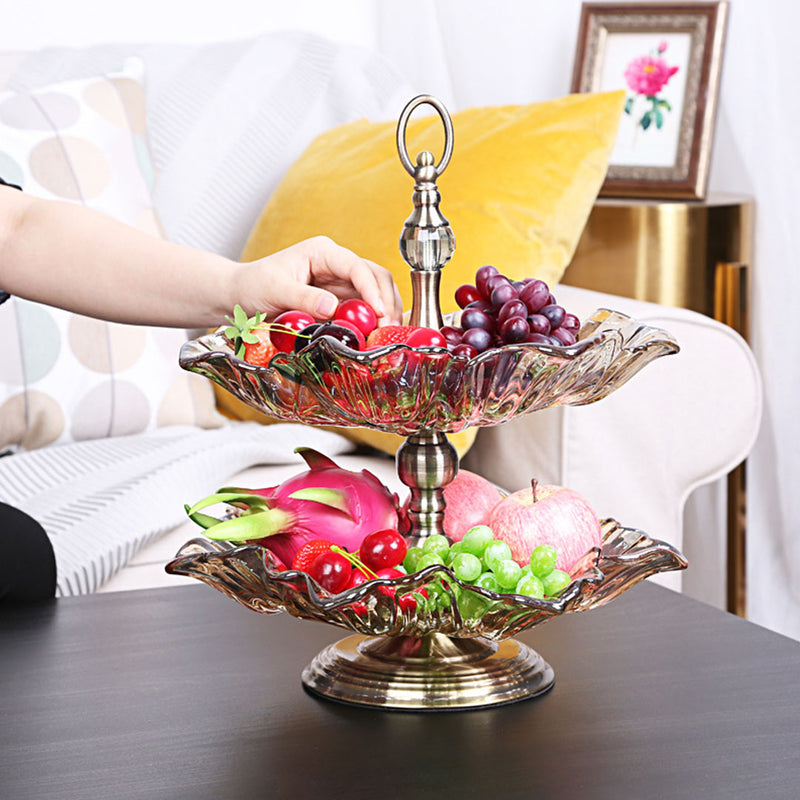 2 Tier Bronze Lotus Vertex Crystal Glass Fruit Bowl Candy Holder Countertop Dessert Serving Basket Decor