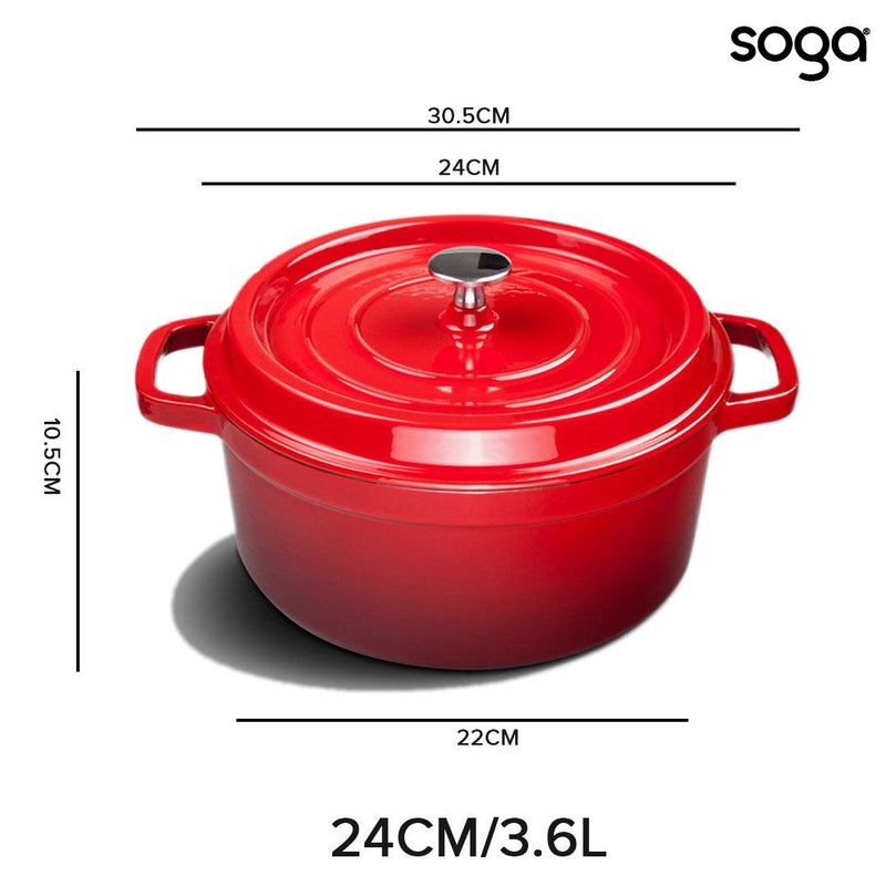 Cast Iron Enamel 24cm Porcelain Stewpot Casserole Stew Cooking Pot With Lid 3.6L Red