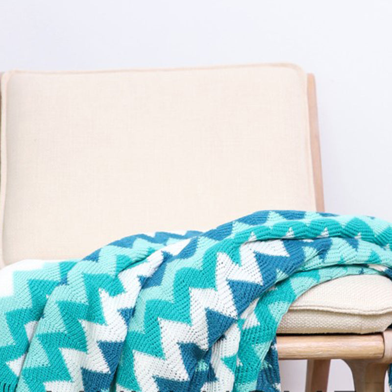 170cm Blue Zigzag Striped Throw Blanket Acrylic Wave Knitted Fringed Woven Cover Couch Bed Sofa Home Decor