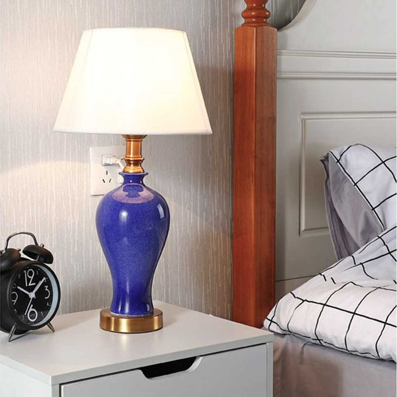 2X Blue Ceramic Oval Table Lamp with Gold Metal Base