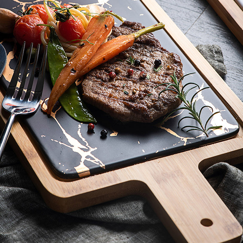 33.5cm Black Square Wooden Serving Tray Slate Steak Serving Platter Chopping Board Paddle Home Decor