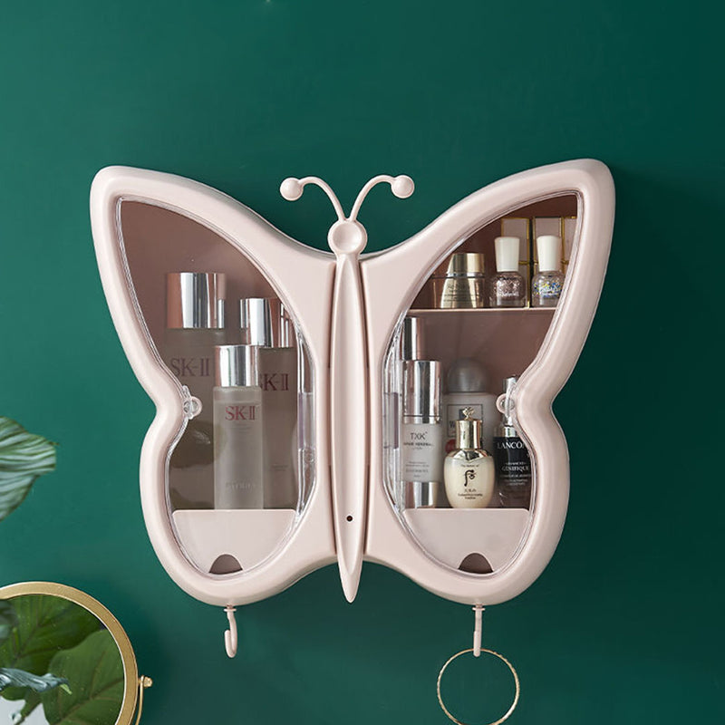 2X Pink Butterfly Shape Wall-Mounted Makeup Organiser Dustproof Waterproof Bathroom Storage Box Home Decor