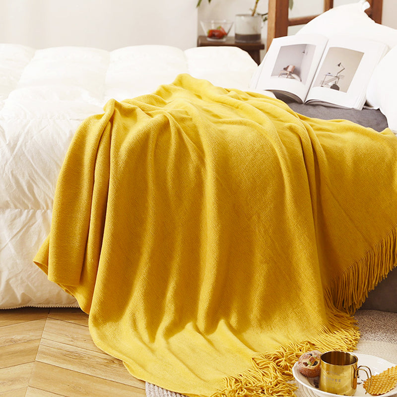 Yellow Acrylic Knitted Throw Blanket Solid Fringed Warm Cozy Woven Cover Couch Bed Sofa Home Decor
