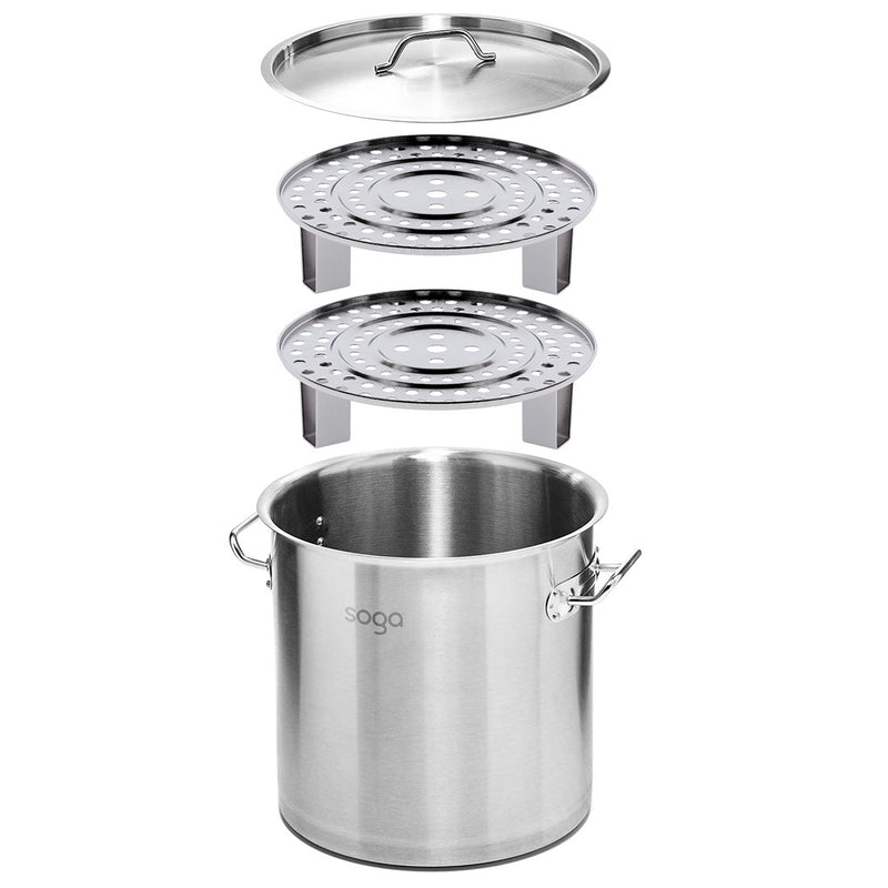 21L Stainless Steel Stock Pot with Two Steamer Rack Insert Stockpot Tray