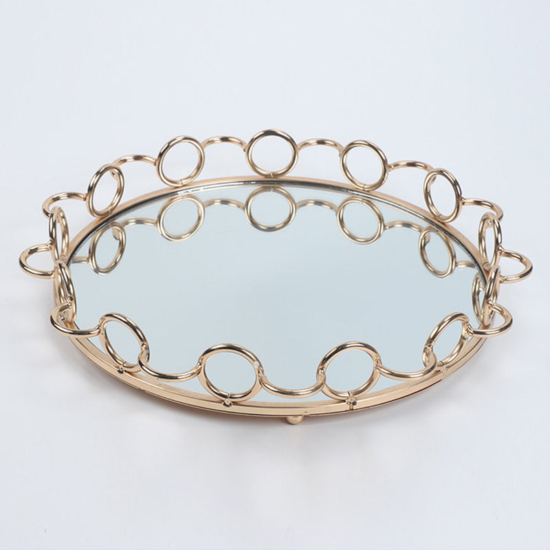 33cm Bronze-Colored Round Mirror Glass Metal Tray Vanity Makeup Perfume Jewelry Organiser with Handles