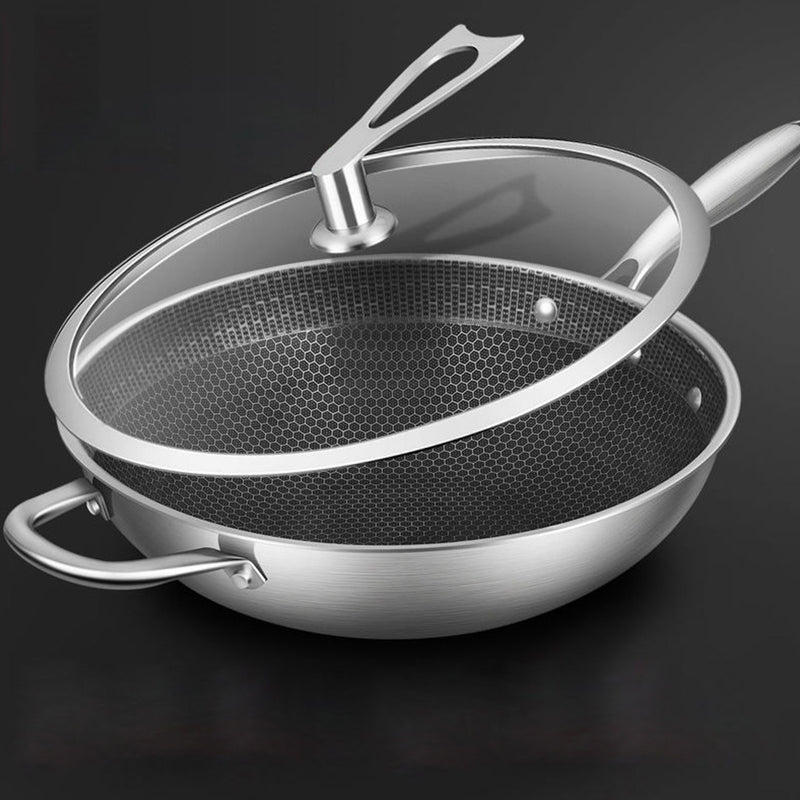 34cm Stainless Steel Tri-Ply Frying Cooking Fry Pan Textured Non Stick Skillet with Glass Lid and Helper Handle