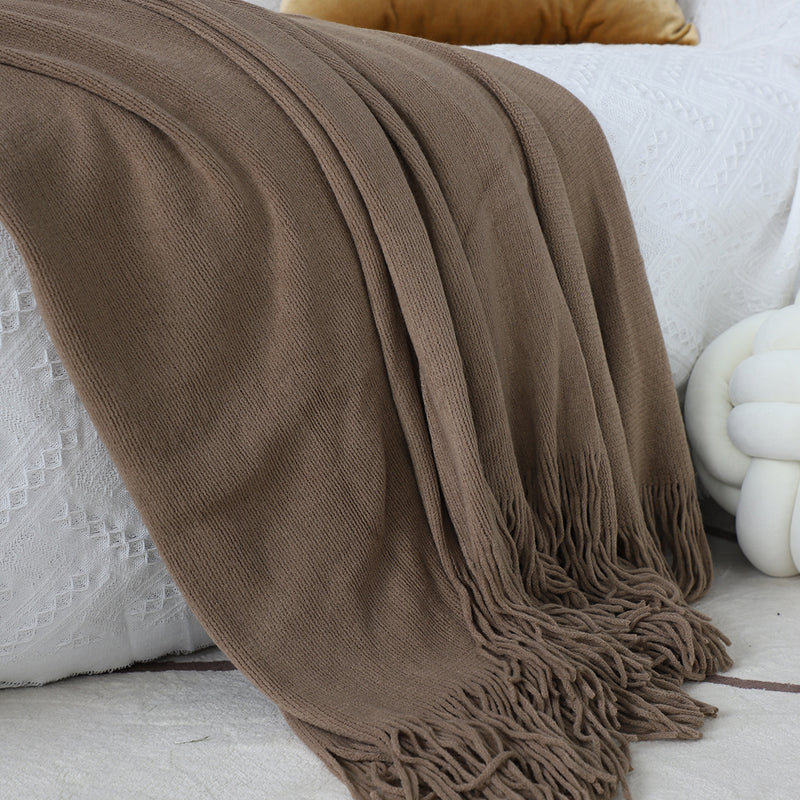 Coffee Acrylic Knitted Throw Blanket Solid Fringed Warm Cozy Woven Cover Couch Bed Sofa Home Decor