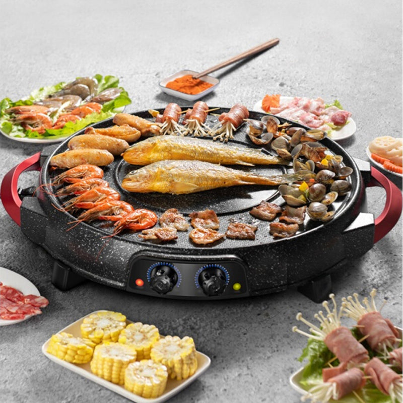 2 in 1 Electric Stone Coated Grill Plate Steamboat Two Division Hotpot