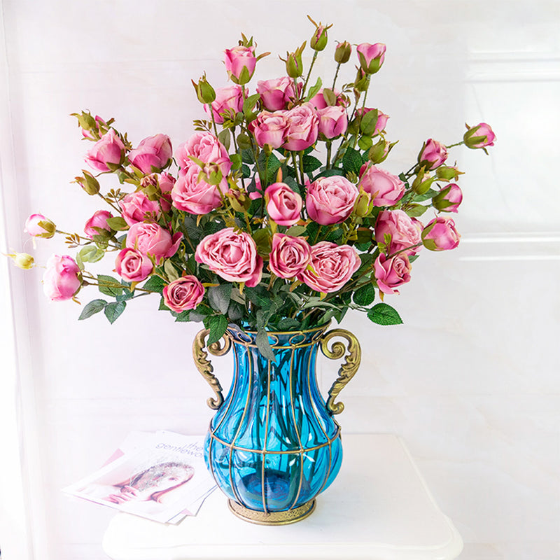 Blue Colored Glass Flower Vase with 10 Bunch 6 Heads Artificial Fake Silk Rose Home Decor Set