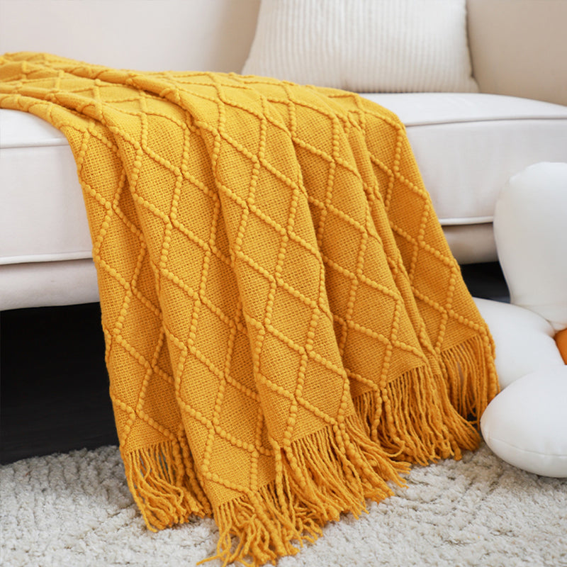2X Yellow Diamond Pattern Knitted Throw Blanket Warm Cozy Woven Cover Couch Bed Sofa Home Decor with Tassels