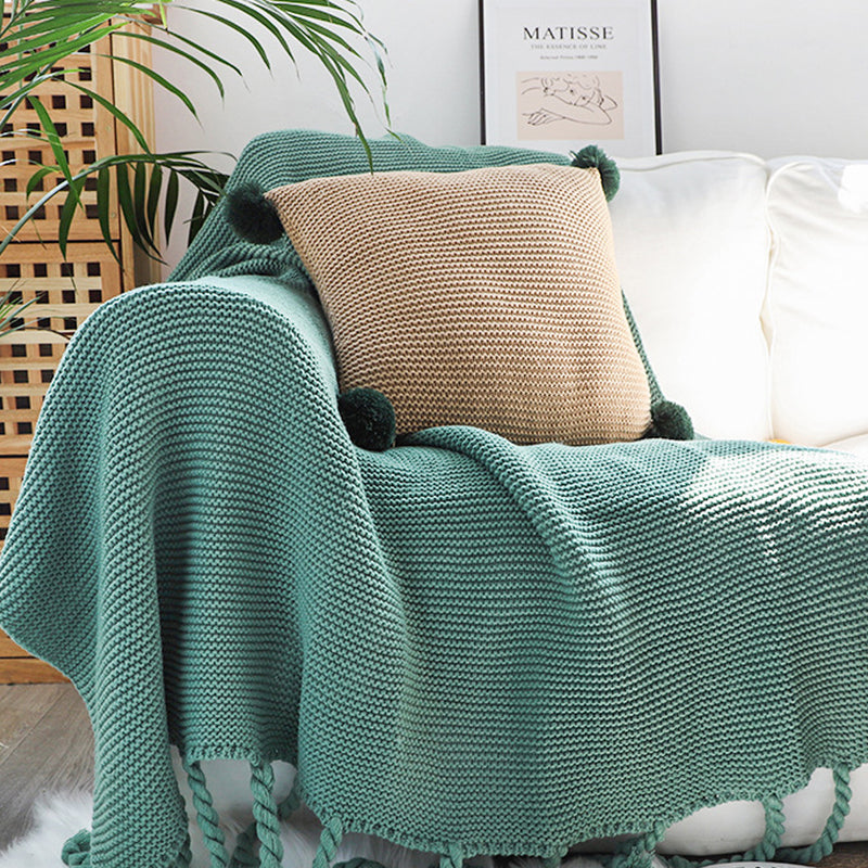 Green Tassel Fringe Knitting Blanket Warm Cozy Woven Cover Couch Bed Sofa Home Decor