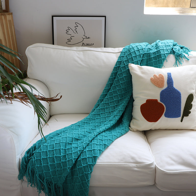 2X Teal Diamond Pattern Knitted Throw Blanket Warm Cozy Woven Cover Couch Bed Sofa Home Decor with Tassels