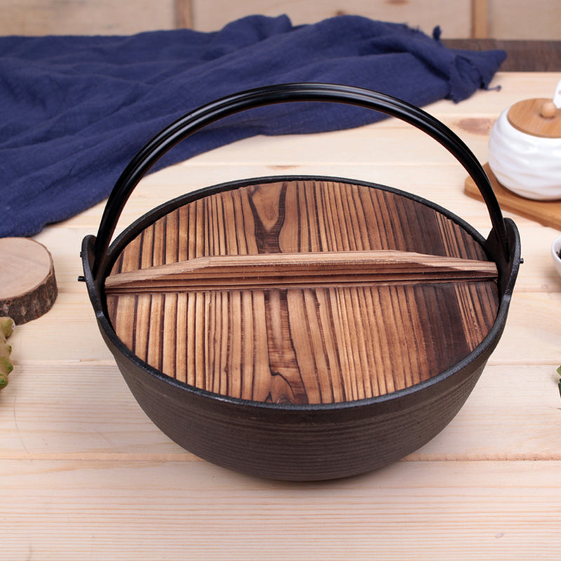 25cm Cast Iron Japanese Style Sukiyaki Tetsu Nabe Shabu Hot Pot with Wooden Lid