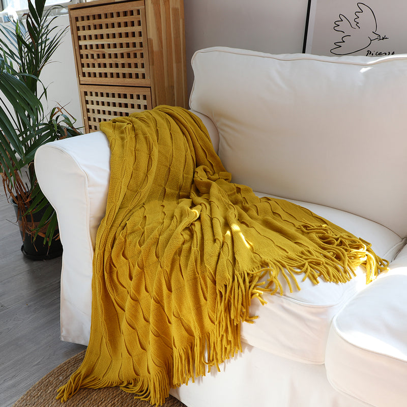 2X Mustard Textured Knitted Throw Blanket Warm Cozy Woven Cover Couch Bed Sofa Home Decor with Tassels