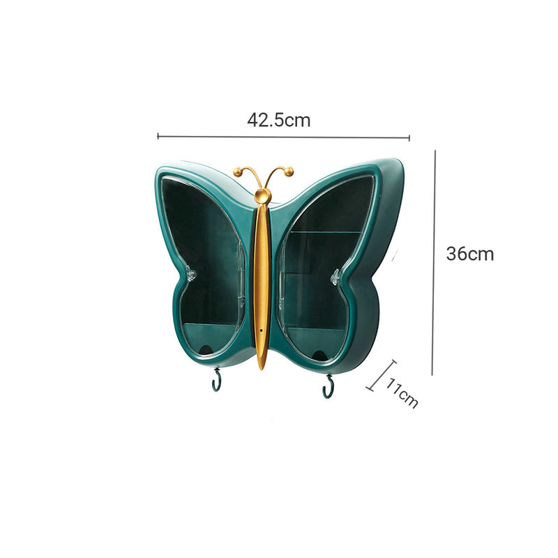 2X Green Butterfly Shape Wall-Mounted Makeup Organiser Dustproof Waterproof Bathroom Storage Box Home Decor