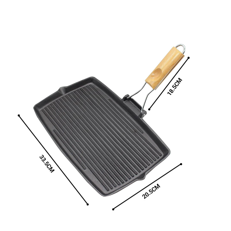 2X 20.5cm Rectangular Cast Iron Griddle Grill Frying Pan with Folding Wooden Handle