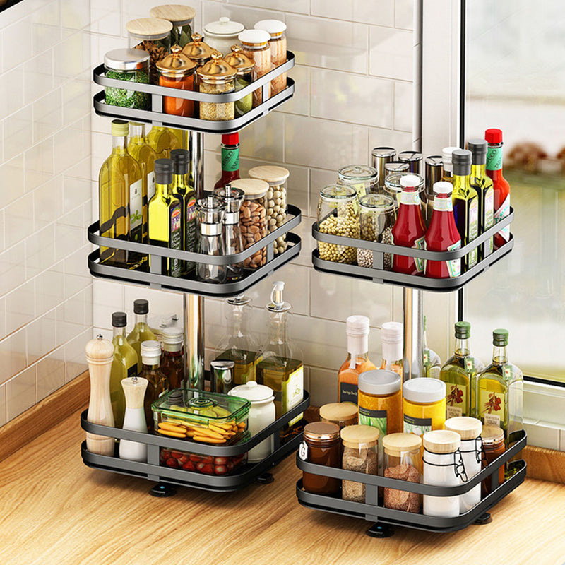 3 Tier Steel Black Square Rotating Multi-Function Kitchen Portable Storage Spice Seasoning Kitchen Countertop Organiser Shelf