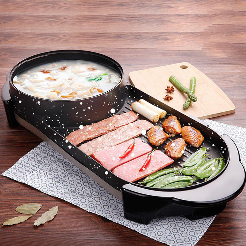 2 in 1 Electric Non-Stick BBQ Teppanyaki Grill Plate Steamboat Hotpot 2-8 Person