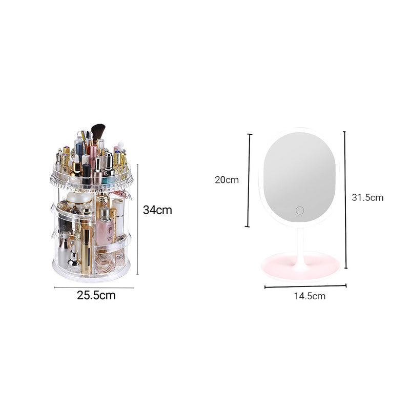 360 Degree Rotating Makeup Organiser Cosmetics Holder with 20cm White Rechargeable LED Light  Tabletop Vanity Mirror Set