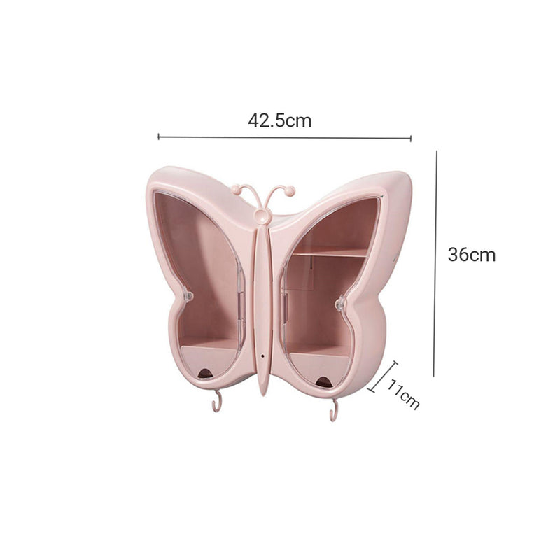 2X Pink Butterfly Shape Wall-Mounted Makeup Organiser Dustproof Waterproof Bathroom Storage Box Home Decor