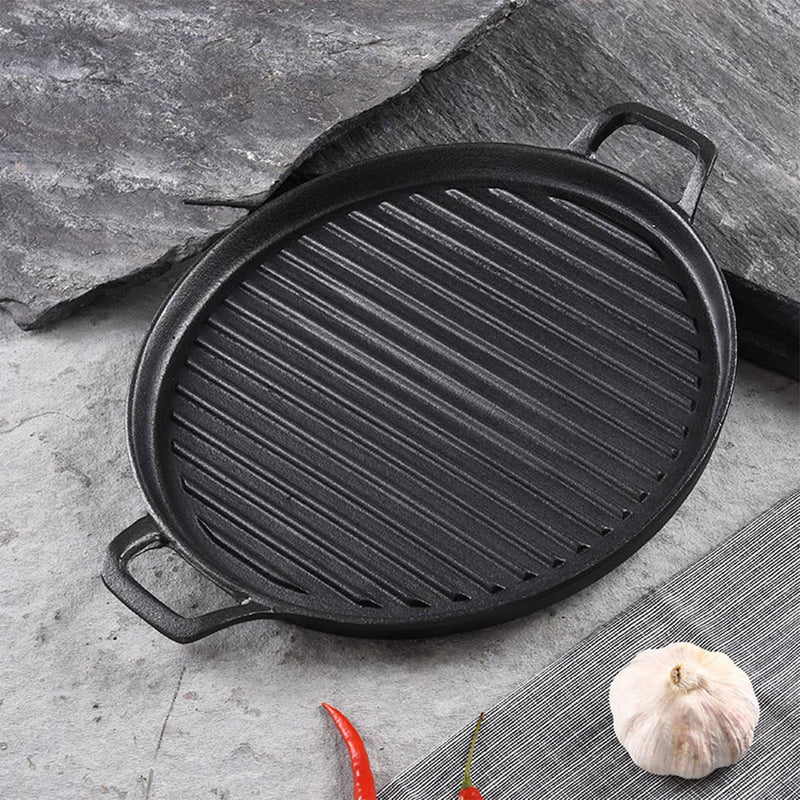 2X 28cm Ribbed Cast Iron Frying Pan Skillet Coating Steak Sizzle Platter