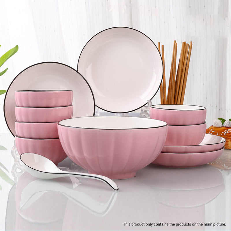 Pink Japanese Style Ceramic Dinnerware Crockery Soup Bowl Plate Server Kitchen Home Decor Set of 4