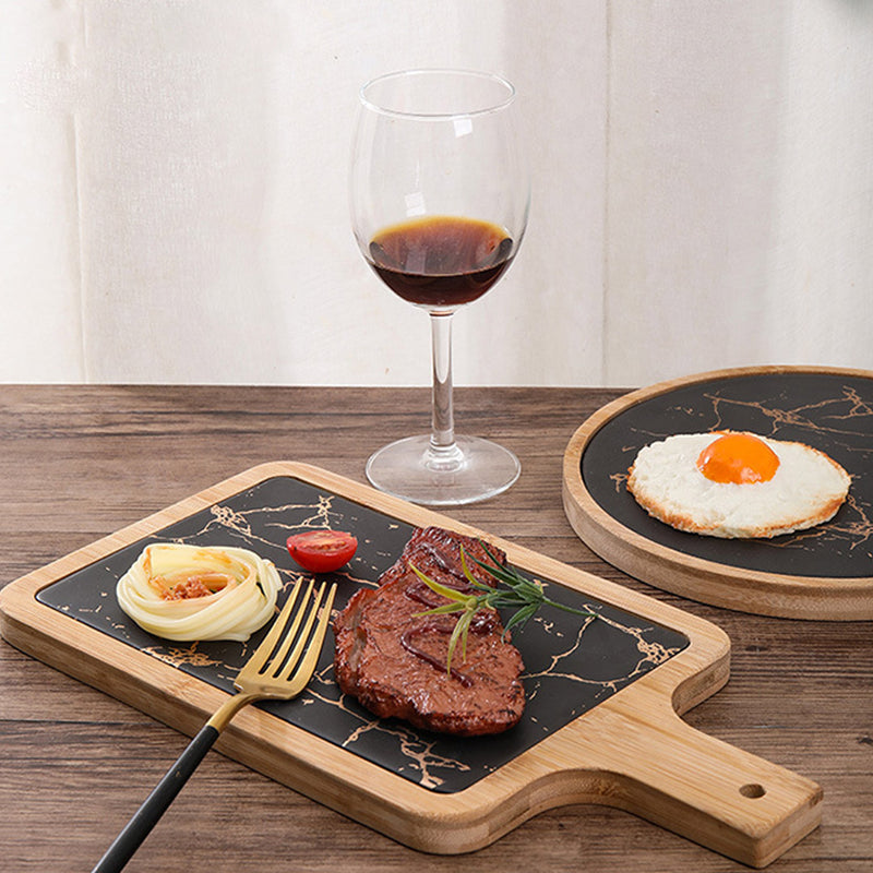 2X 33.5cm Black Square Wooden Serving Tray Slate Steak Serving Platter Chopping Board Paddle Home Decor