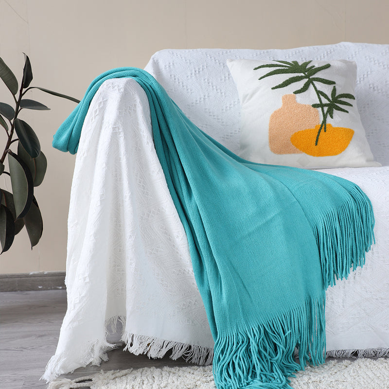 2X Teal Acrylic Knitted Throw Blanket Solid Fringed Warm Cozy Woven Cover Couch Bed Sofa Home Decor